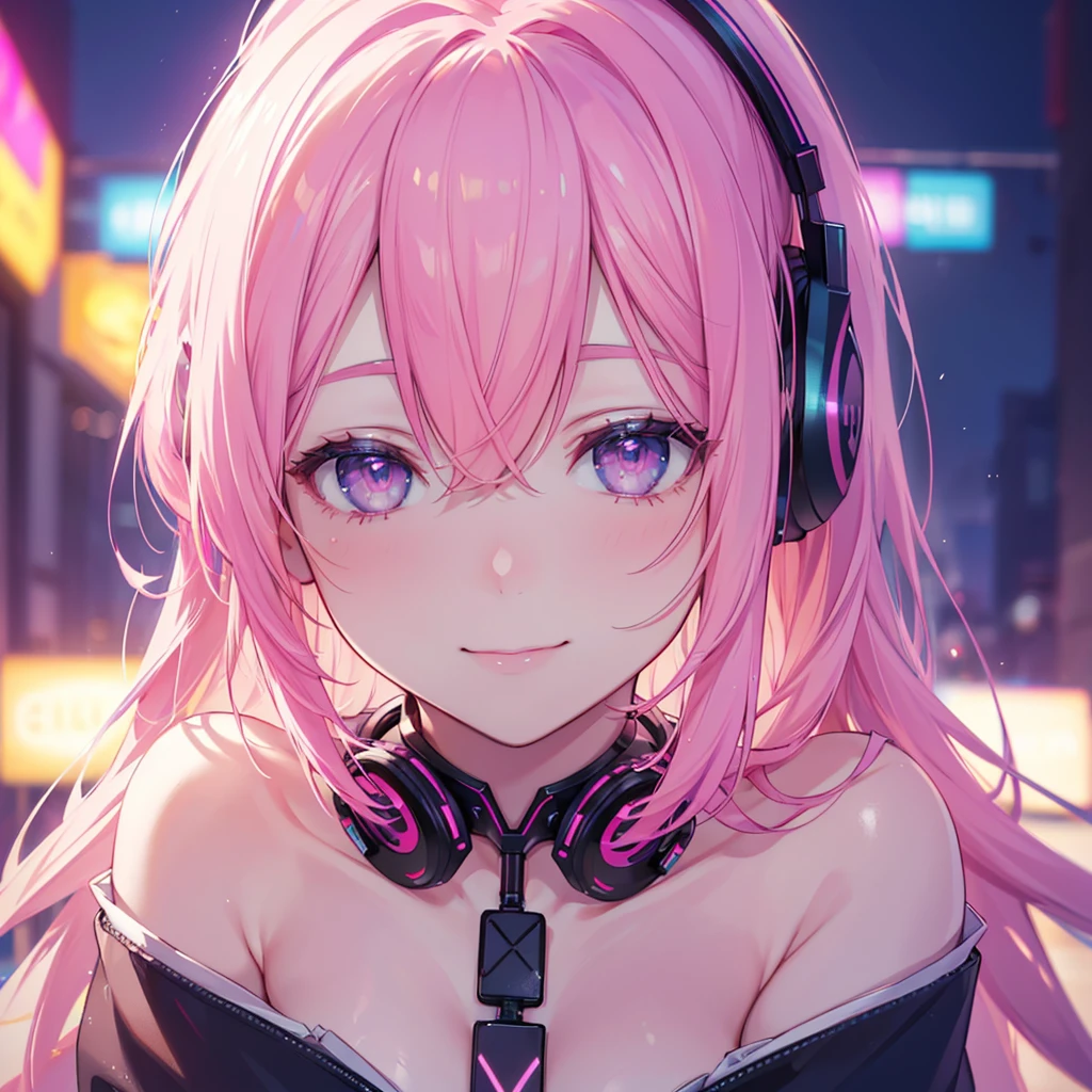 a beautiful smiling girl streamer with headphones, delicate and elegant facial features, pink shiny hair, (best quality,8k,highres,masterpiece:1.2),ultra-detailed,(realistic,photorealistic,photo-realistic:1.37),neon lighting,vibrant colors,detailed texture, playing games