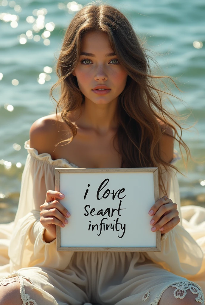 Beautiful girl with wavy long hair, bohemian dress, holding a white board with text "I Love Seaart Infinity" and showing it to the viewer