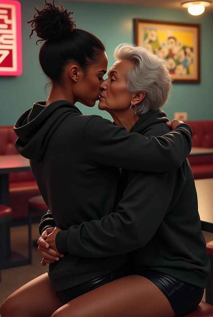 black woman hair in a bun black hoodie black leather short shorts setting on old womans lap, old woman has arms around her waist and kissing her neck in a bingo hall