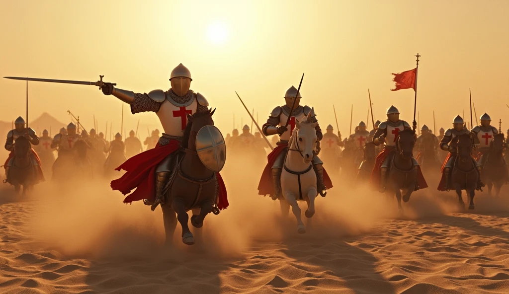 A highly realistic, high-contrast, 8K HD, detailed, hyper-detailed image of Crusader knights clad in steel armor with red crosses on their tunics, fiercely overwhelming and cutting down enemy soldiers in a vast desert setting. The knights, filled with determination and ferocity, swing their swords with power, sending enemies crashing to the sandy ground. The desert sun blazes overhead, casting stark shadows and highlighting the intense battle. The sand beneath the combatants is disturbed by the force of the Crusaders’ movements, creating a whirlwind of dust and debris. The scene captures the sheer power and dominance of the Crusaders as they sweep through their foes, the heat of the desert adding to the intensity of the moment. The image is of the highest quality, with ultra-high resolution, RAW photo quality, and Unreal Engine rendering, depicting the epic scale and ferocity of this decisive battle in the desert.