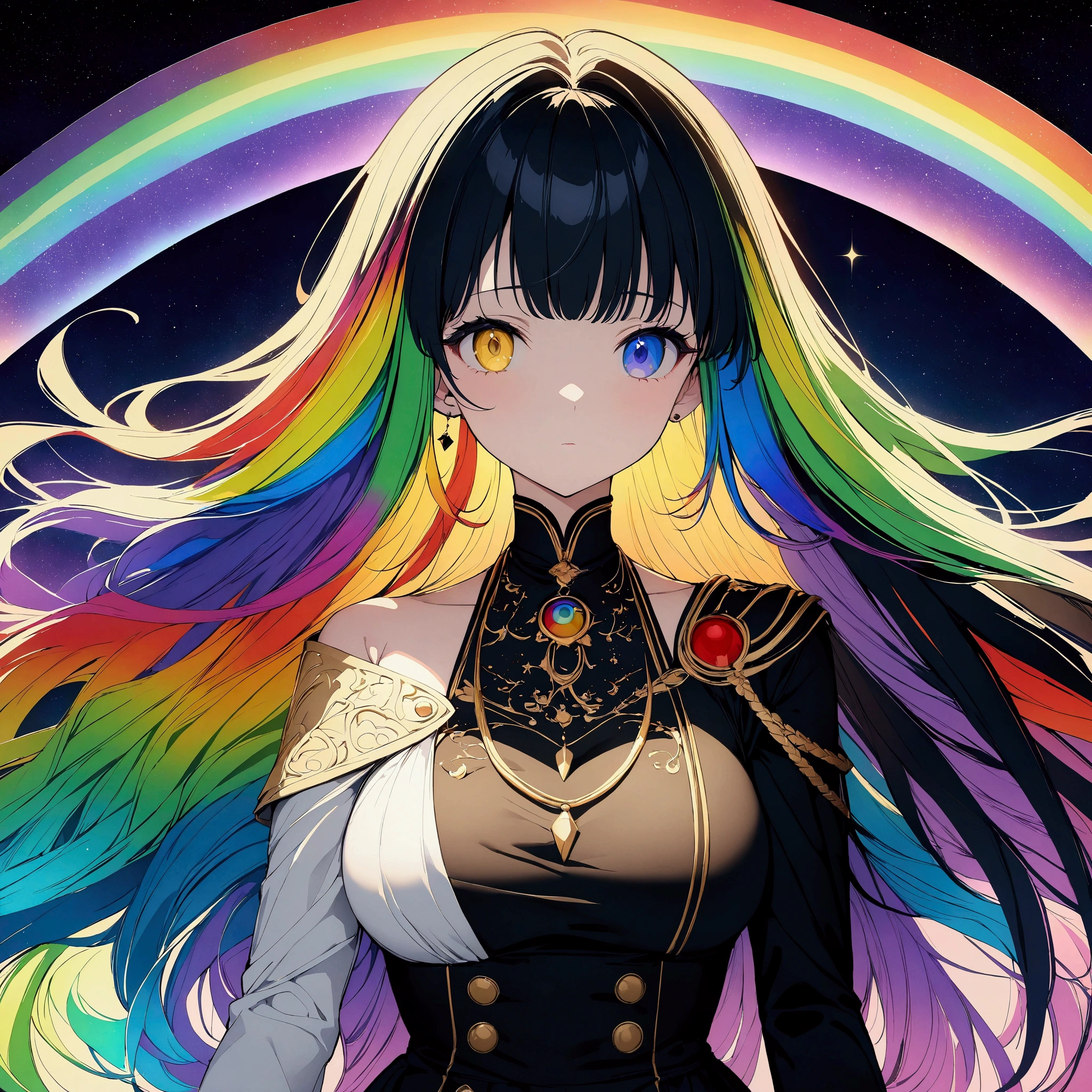 (((anime))) One Woman,Gal,Long Hair,(Rainbow Hair),Bangs parted in the center,blackのヘッドフォン,necklace,Look here,Heterochromia iridis,blue eyes,(Yellow Eyes),Big Eyes One Shoulder Dress,Volume sleeve,(black),Jade Writings,Green Knight,night,Space Background,End of the Galaxy,Backlight,masterpiece,Highest quality,Exquisite,8k,Absurd,Ultra-fine illustrations,(View your audience)