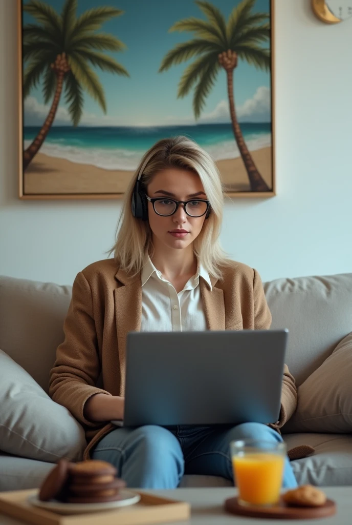 A russian woman sits on the sofa with a laptop. Stylish hairstyle, fashionable glasses, headset on. There is a glass of juice and a box of cookies on the table nearby. In the background on the wall is a painting depicting a beach with palm trees and the sea