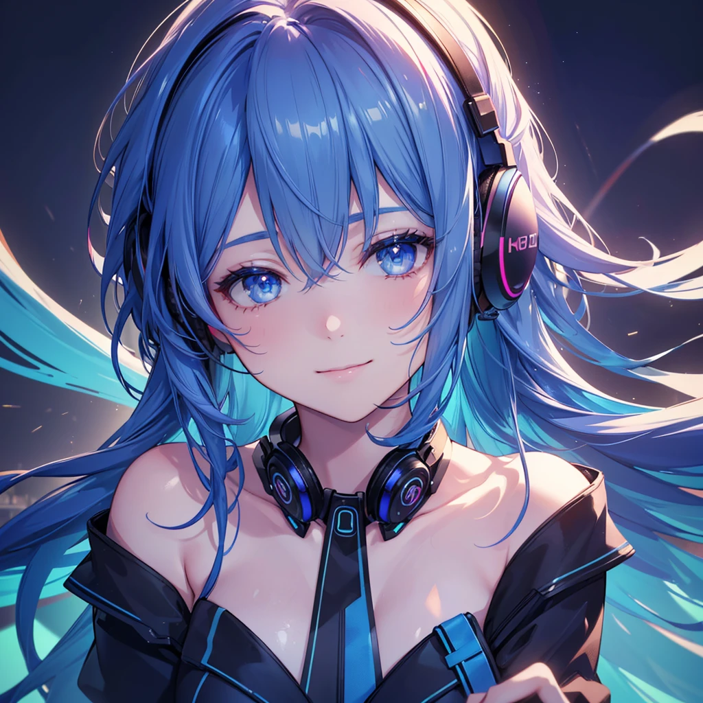 a beautiful smiling girl streamer with headphones, delicate and elegant facial features, blue shiny hair, (best quality,8k,highres,masterpiece:1.2),ultra-detailed,(realistic,photorealistic,photo-realistic:1.37),neon lighting,vibrant colors,detailed texture, playing games