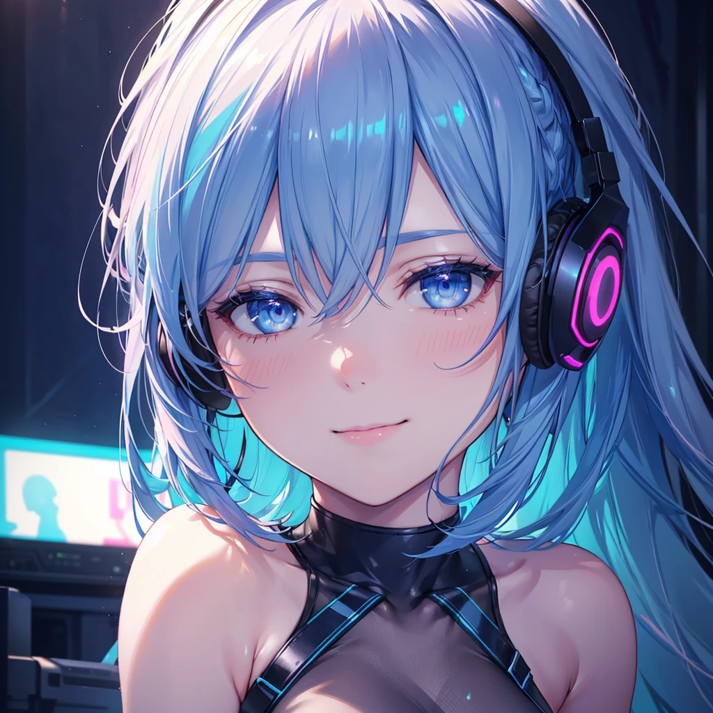 a beautiful smiling girl streamer with headphones, delicate and elegant facial features, blue shiny hair, (best quality,8k,highres,masterpiece:1.2),ultra-detailed,(realistic,photorealistic,photo-realistic:1.37),neon lighting,vibrant colors,detailed texture, playing games