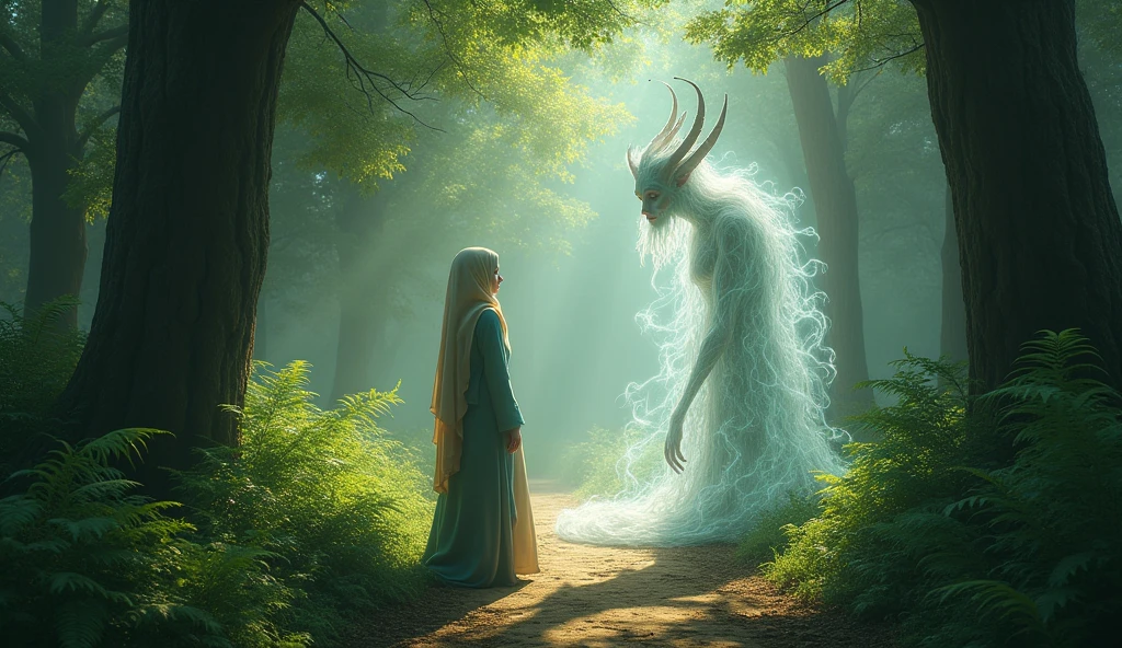Jinn and Muslim lady talking forest pathway