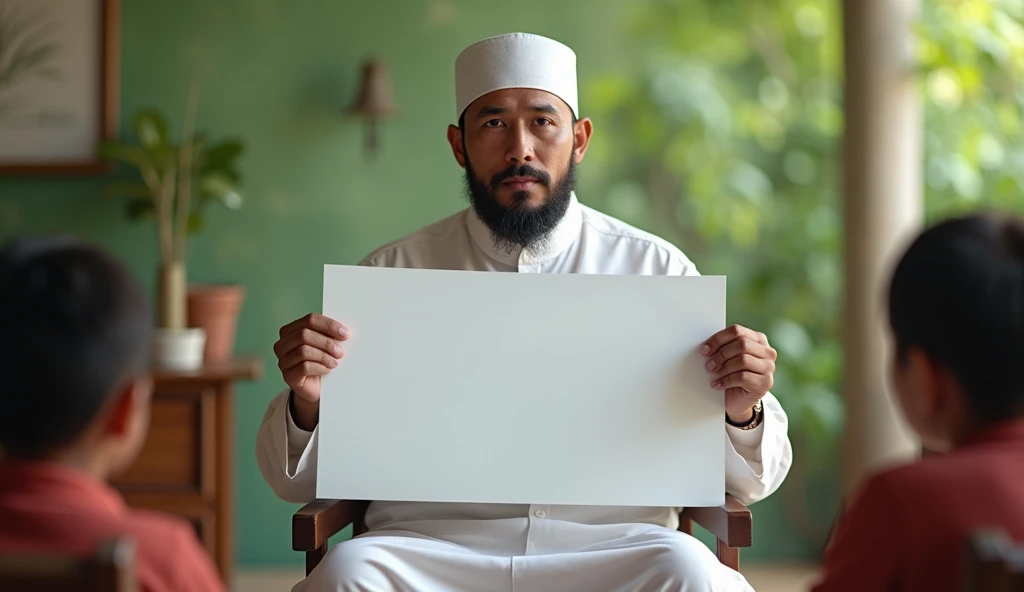 (photorealism:1.2), a man,Indonesia,Muslim,cleric,time, without a beard, Java, sit down,facing forward,shows a blank sheet of paper, blank paper facing the audience,lanscape shape paper,paper fills the camera, "aesthetic, interesting, clear,Background, children, Muslim, learning