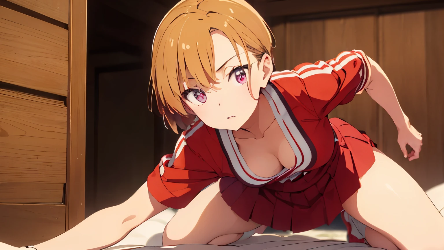A young woman of 20 years (having anal sex ) with short blonde hair, eyes the color of honey, and a slim body, crouching on a bed, You can see his underwear. his face is refined, and wears a red pizza delivery uniform. She wears a cap that matches the red color of her uniform and a red skirt..