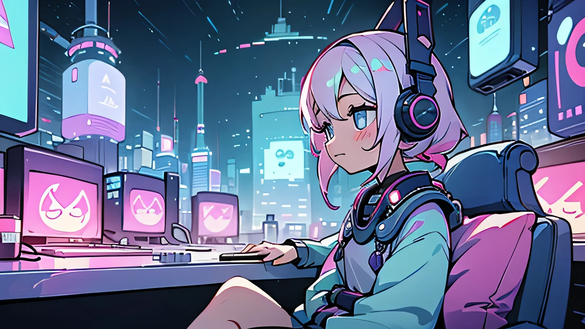 Pixel dots、cute、electronic、beautiful girl、Game Music、Future City、Headphones、cushion