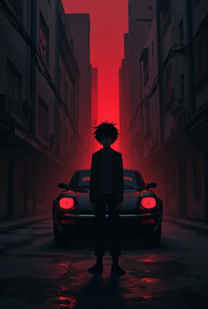 dark picture, dark building, dark road, red light in building and a anime character guy, a black car ,red light car , darkness , fearness, give front of car , it is town
