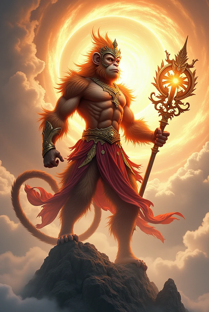A powerful Wukong, the Monkey King, standing atop a cloud-wreathed mountain peak. He wields his Ruyi Jingu Bang staff, which glows with celestial energy. He wears golden armor with flowing red sashes, a phoenix-feather crown, and mischievous grin. His fur is a mix of fiery orange and dark brown, and his eyes gleam with both wisdom and playful chaos. In the background, a swirling vortex of magical energy depicts his mastery over the elements.