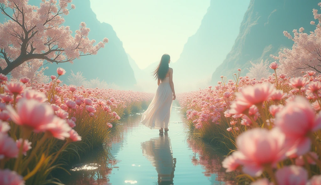 imagine a graceful journey, back to home of life, surreal, fantasy, peaceful morning, sea of "equinox" "higanbana" in front, peaceful life of hope, walking to far destination, in long dress gracefully, bright mood, hopefully, photorealisic