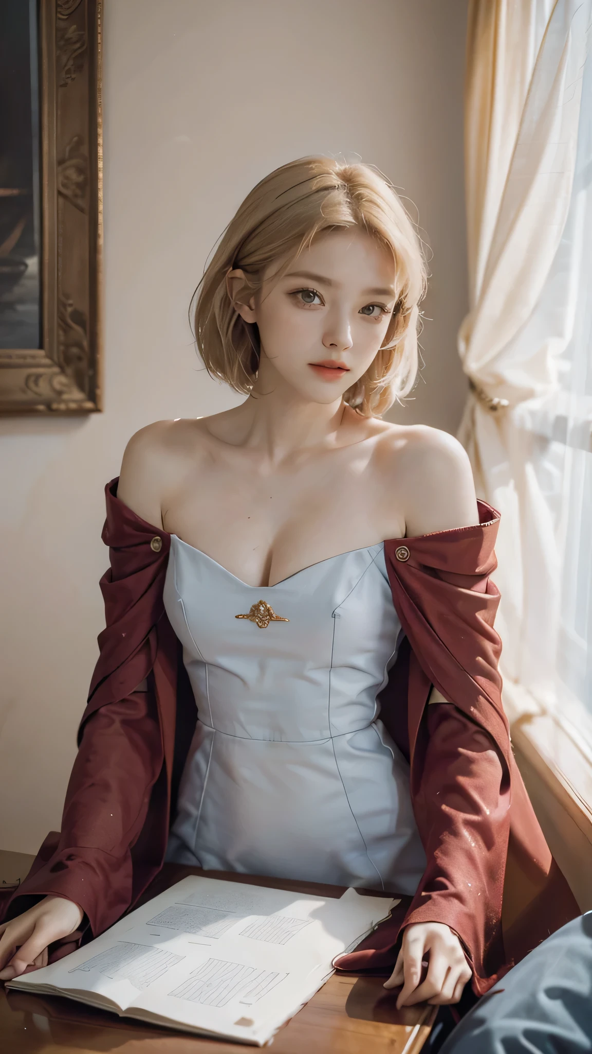 (Masterpiece: 1.2, Best Quality), Realistic, (Realistic Picture, Complex Details, Depth of Field), Best Quality, Masterpiece, Highly Detailed, Semi Realistic, 1 Girl, Mature Female, 2, Blond Hair, Shoulder length Short Hair, Left Eye Covered with Hair, Blue Eyes, King's Clothes, Red Cloak, Slim Figure, Crown Made of Precious Gold, Reading Documents, Marking Documents, Goose Hair Pen, Office Table, Soft Bench, Palace, In the palace, during the Middle Ages