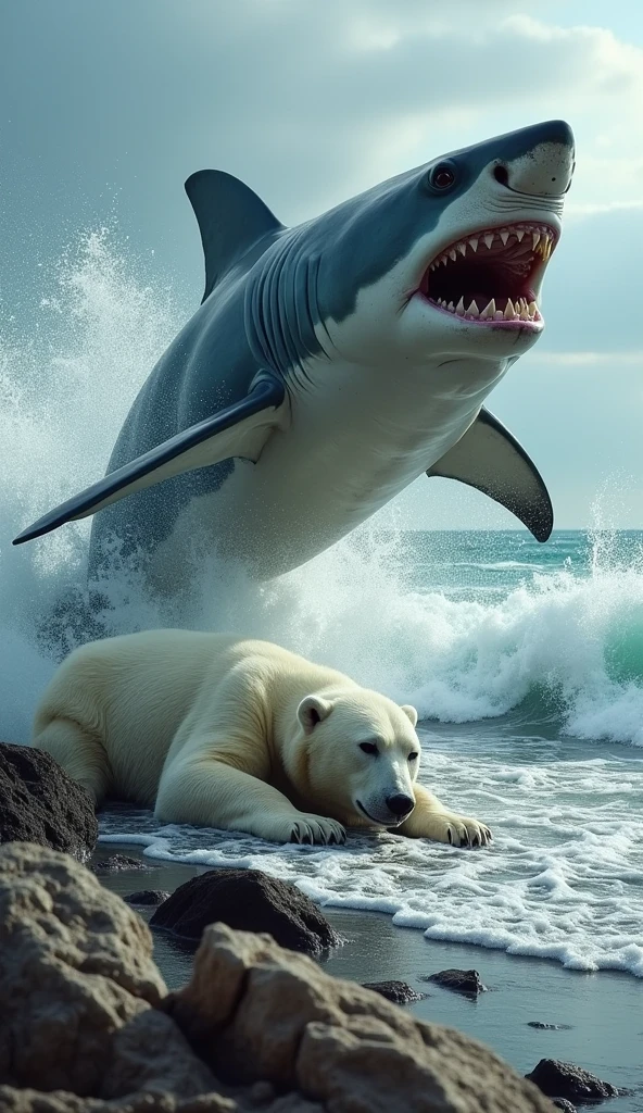 Shark agresive jumping on a dead polar bear that it fought by the sea shore