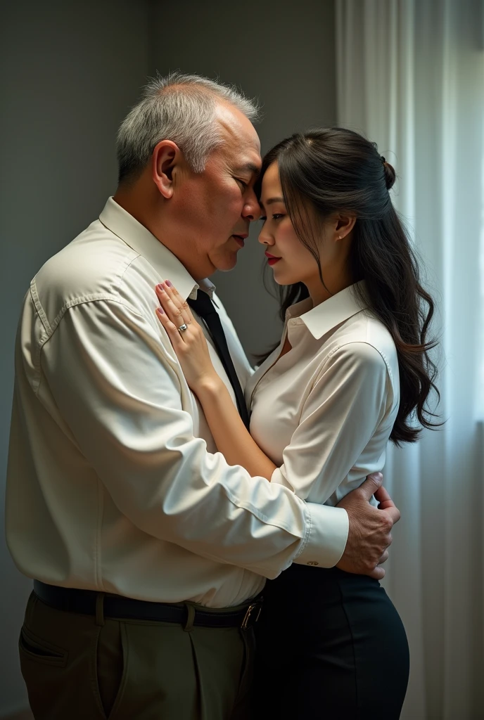 A fat old man touches a young and sexy Korean woman in a secretary outfit, White shirt