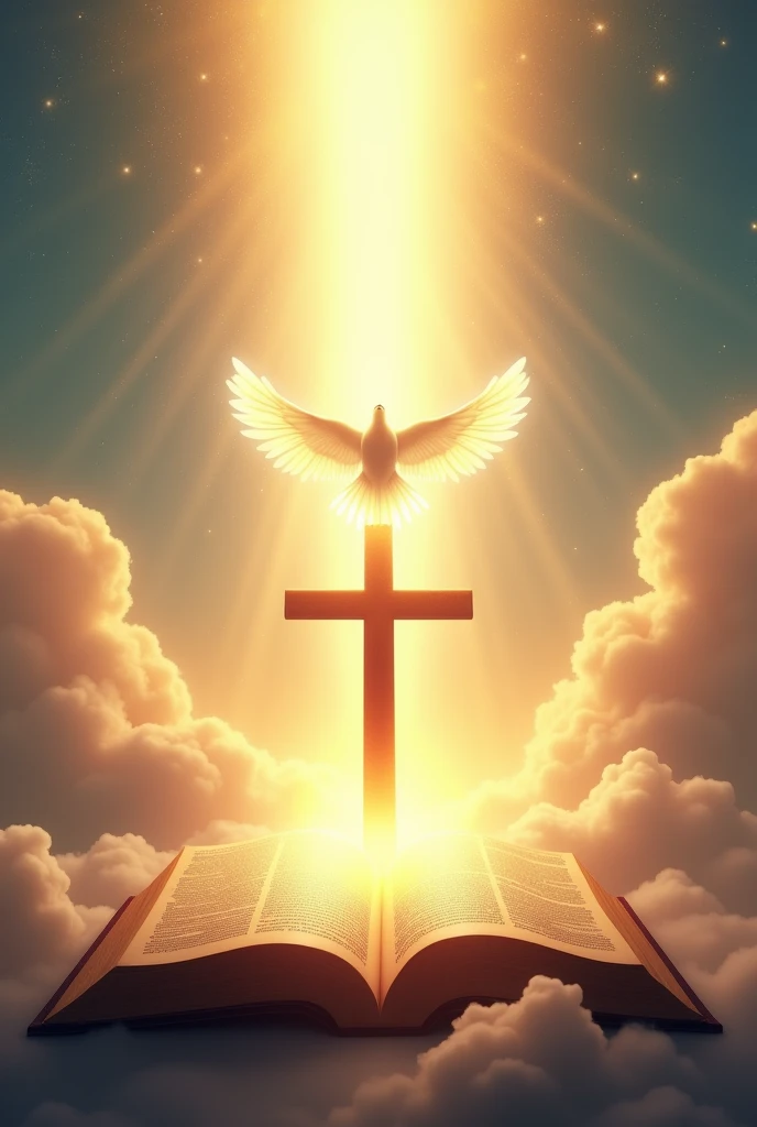 Bright Light shone from Bible with the cross in the middle and holy spirit on top of the cross like a dove, and write boldly "Light Walker's church" at the top, heavenly background 
