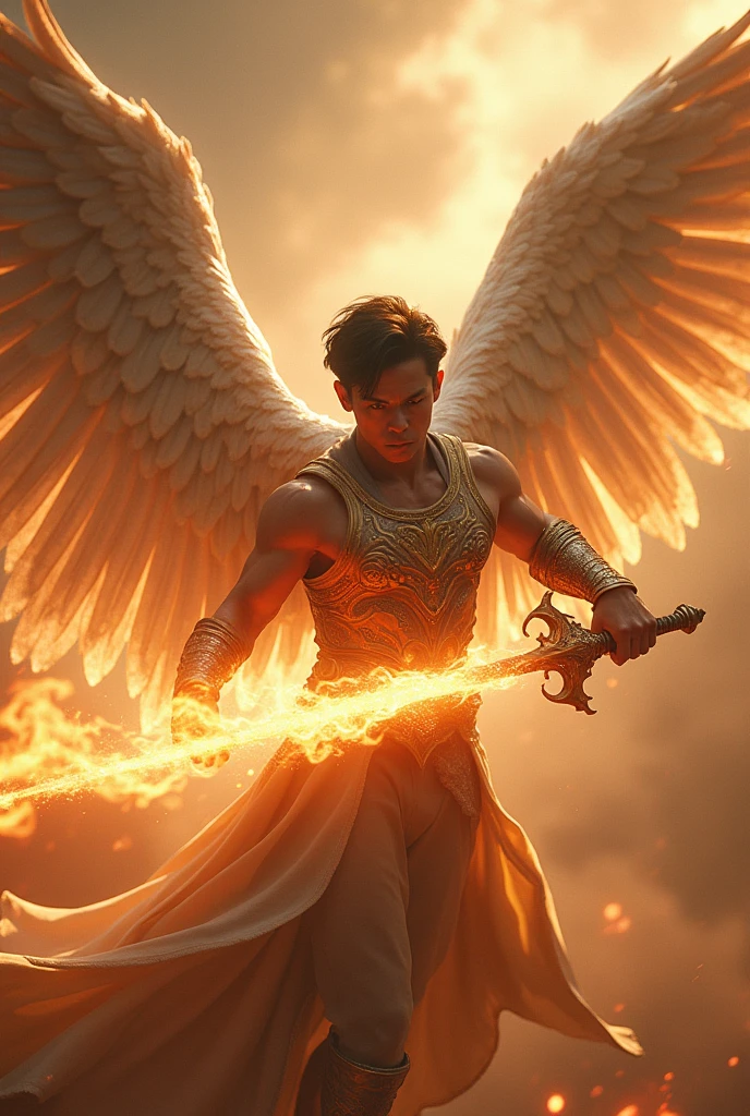 masterpiece, best quality, realistic, ultra detailed, movie poster style, dungeons and dragons character design, celestial, cute bruneian man with round face, soft facial features, muscular, stylish dark hair, majestic white angel wings, homoerotic heavy armor, swooping towards camera, dramatic slashing with powerful flaming sword towards camera, god rays, extremely dramatic lighting, perfect fingers, perfect hands, perfection