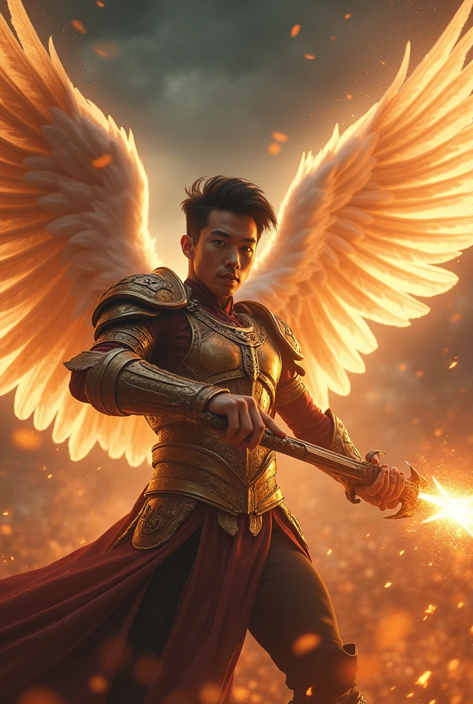 masterpiece, best quality, realistic, ultra detailed, movie poster style, dungeons and dragons character design, celestial, cute bruneian man with round face, soft facial features, muscular, stylish dark hair, majestic white angel wings, homoerotic heavy armor, swooping towards camera, dramatic slashing with powerful flaming sword towards camera, god rays, extremely dramatic lighting, perfect fingers, perfect hands, perfection