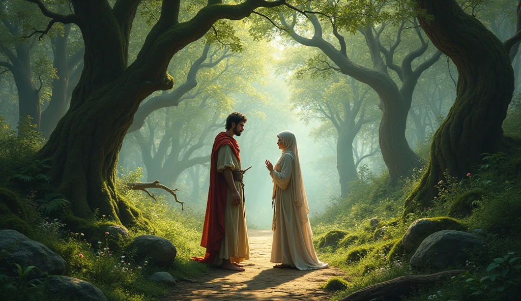 Handsome Roman Jinn and Muslim lady talking forest pathway