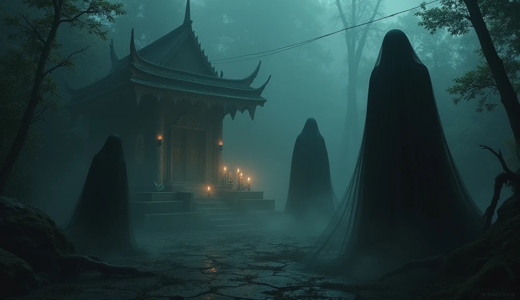 "Create a hyper-realistic image depicting eerie and mysterious elements from Thai folklore and beliefs. The scene should feature a dark and misty environment with shadowy figures of Thai spirits like Mae Nak or Krasue. Include elements like ancient spirit houses, faded talismans, and flickering candlelight. The atmosphere should be haunting, with dense fog, dim lighting, and a feeling of something lurking in the shadows, capturing the fear and mystique of Thai supernatural be