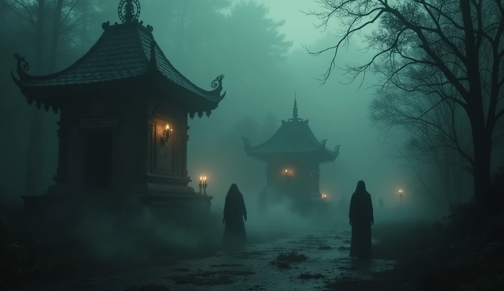 "Create a hyper-realistic image depicting eerie and mysterious elements from Thai folklore and beliefs. The scene should feature a dark and misty environment with shadowy figures of Thai spirits like Mae Nak or Krasue. Include elements like ancient spirit houses, faded talismans, and flickering candlelight. The atmosphere should be haunting, with dense fog, dim lighting, and a feeling of something lurking in the shadows, capturing the fear and mystique of Thai supernatural be