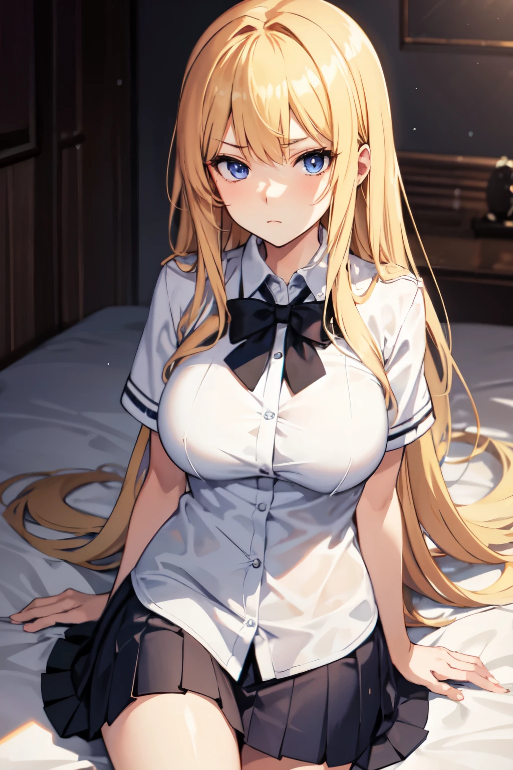(schoolgirl)), ((anime)), 1girl, long hair, blond hair, hime cut, 2 sidelocks, stern expression, dark blue eyes, fair skin, big breasts, honor student

