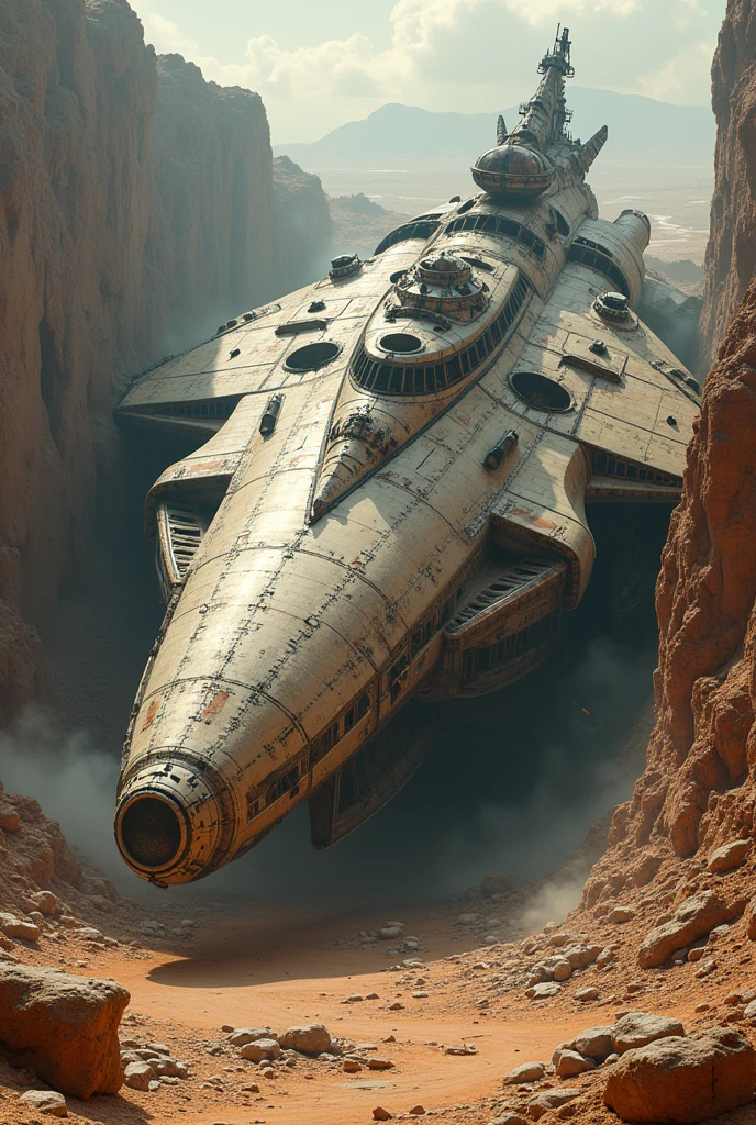 Flying fighter aircraft, Detailed crashed spaceship, Detailed spaceship, movie「Dune」Spaceship, Derelict spacecraft, Valkyrie fighter, flying scifi vehicle, レトロなSF Spaceship, Very detailed, Ancient crashed spaceship, SF Spaceship, Fallout Airplane Concept Art, 古代Spaceship、Total length 12㎡