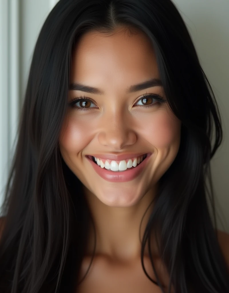 a smiling (white teeth: 1.3) very beautiful lady with honey-colored eyes, with long straight black hair, photography, portrait, realistic, looking into the camera