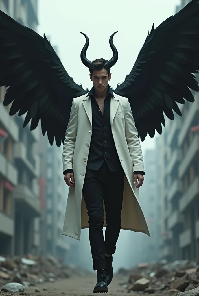 A 28 years man who has black wings and horns flying in tha air,a black aura release from his body ,he wearing a white coat and black pant and the background have a Destroyed city,