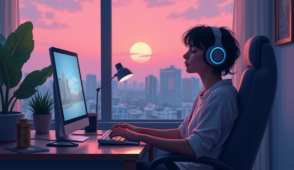 Portrait、512、Lo-Fi、Sitting in a chair with headphones on、Take a nap at your desk、close your eyes、city view outside the window、evening、pastel colour、Painting