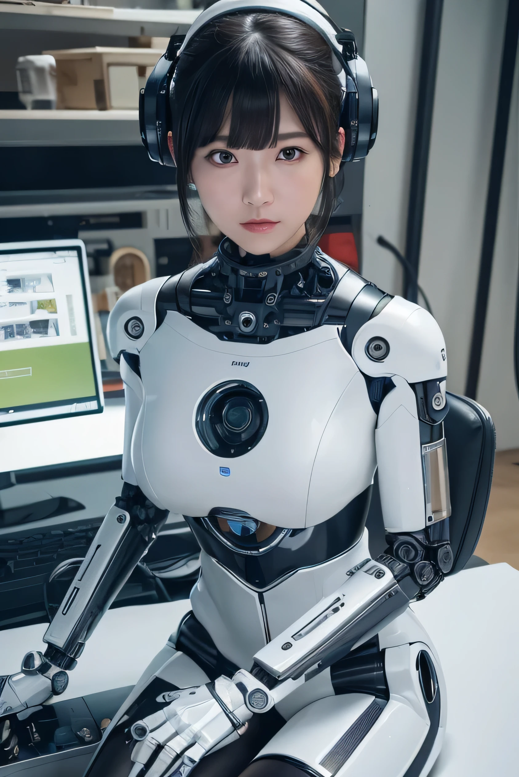 masterpiece, best quality, extremely detailed, (photorealistic:1.4),(RAW photo) (8K, 4K, Best Quality, hight resolution, 超A high resolution:1.1), (masutepiece, Realistic, Photorealsitic:1.1), 1girl in, Japaese Cyborg Girl,Plump ,navy pleated miniskirt,black tights,control panels,android,Droid,Mechanical Hand, ,clothes with a sense of mechanical technology, Robot arms and legs, Black Robot Parts,Black hair,Mechanical body,Blunt bangs,White abdomen,White robotics parts,tube dress,perfect robot woman,future laboratory,cyber pank,charging spot,android factory,robot factory,cyborg factory,long tube,thick cable connecting her neck,ceramic body ,full eyes,striking eyes,mechanical body, head antenna,mechanical ear cover,android,robot humanoid,hypnosis,blank eyes