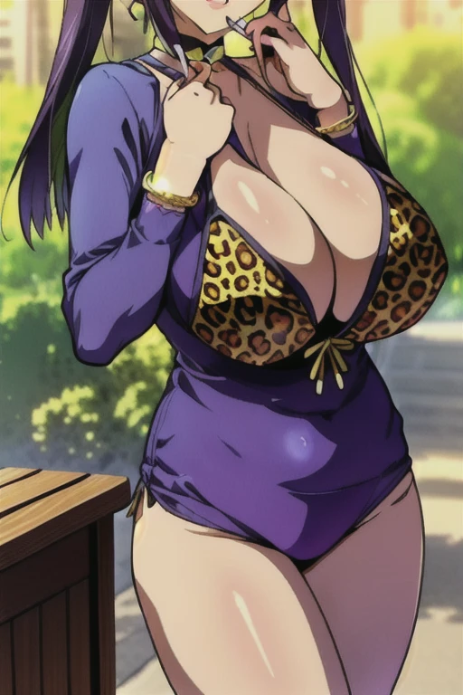 perfect eyes:1.2, detailed eyes:1.4, skindentation,leopard printed long sleeve one piece with v neck cleavage ,Short pants, Blue eyes, Purple hair, ((blunt bangs)), twin tail,Bare neck, 20yo, Young female, Beautiful Finger, Beautiful long legs, Beautiful body, Beautiful Nose, Beautiful character design, perfect balance, 1girl, solo, (masterpiece:1.6, best quality), 8k, insane details, intricate details, hyperdetailed, hyper quality, high detail, ultra detailed, professional, HDR, ray tracing reflection, cinematic lighting,Cleavage,Busty,Big breast,ear piercing,Love shaped necklace,Half eyes open,Eyeshadow,Thick lips,Leopard print panty,Bracelet,Long nail,Ring,black color Chocker,Gyaru,Solid heart shaped earring,outside,((carrying chain Leopard print purse bag)),1hand on hips,Face fully viewed,view from afar,Sitting in bench with crossing leg while playing phone with 1hand,View on phone