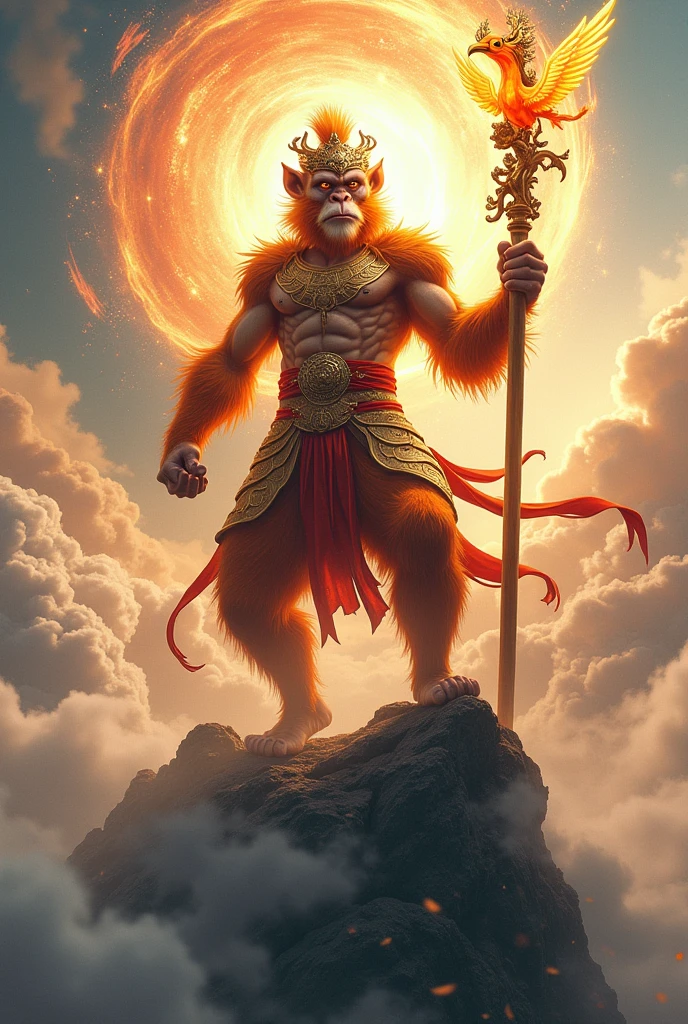 A powerful Wukong, the Monkey King, standing atop a cloud-wreathed mountain peak. He wields his Ruyi Jingu Bang staff, which glows with celestial energy. He wears golden armor with flowing red sashes, a phoenix-feather crown, and mischievous grin. His fur is a mix of fiery orange and dark brown, and his eyes gleam with both wisdom and playful chaos. In the background, a swirling vortex of magical energy depicts his mastery over the elements.