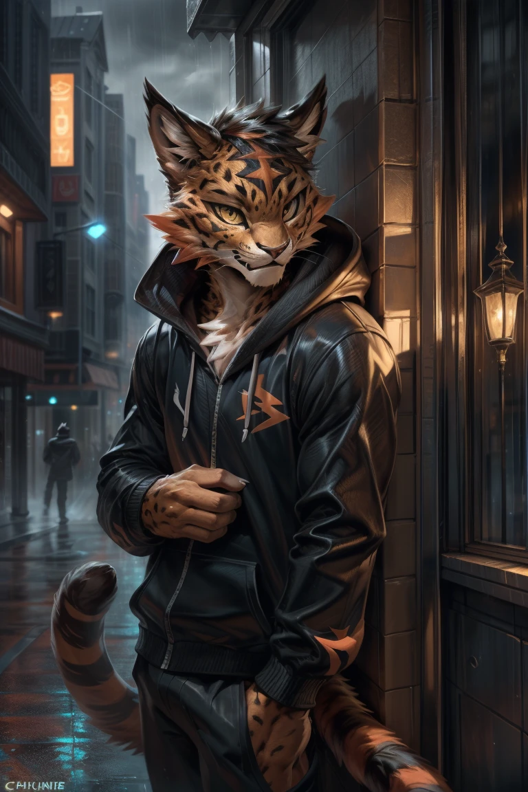 4k, ,8K, A high resolution, best quality, perfect colors, perfect shadows, perfect lighting, posted on e621, (by Chunie, by canyne khai, by t.y.starale), male, furry, Torracat(Pokemon), Torracat,Pokemon,anthro, solo, yellow eyes, (Realistic eye details 1.2), night city, rain, (Realistic Rain detail), Streetwear Hoodie wear, Full body like, muscularbody, leaning against the wall, dramatic lighting, soft lighting, day, highly detail, Hair coiled, delight, Standing up position, cool pose charm, Abstract beauty, centre, Looking at the camera, Facing the camera, nearing perfection, Dynamic, highly detailed, illustration, (Realistic background), (Leopard Tail), ((Bonifasko lighting)), (Detailed eyes), perfect pupils, detail eyes, detail fluffy fur, (seductive face:1.2), fit body, Looking at the camera,, fit body, perfect male figure, Detailed fur, Detailed face, Perfect face, Detailed background, (Complex), (Super Detail), (Ultra Clear), (Best Quality)
