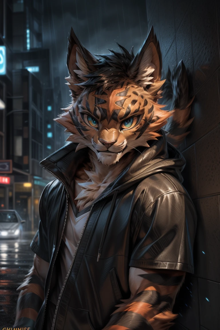 4k, ,8K, A high resolution, best quality, perfect colors, perfect shadows, perfect lighting, posted on e621, (by Chunie, by canyne khai, by t.y.starale), male, furry, Torracat(Pokemon), Torracat,Pokemon,anthro, solo, yellow eyes, (Realistic eye details 1.2), night city, rain, (Realistic Rain detail), Streetwear Hoodie wear, Full body like, muscularbody, leaning against the wall, dramatic lighting, soft lighting, day, highly detail, Hair coiled, delight, Standing up position, cool pose charm, Abstract beauty, centre, Looking at the camera, Facing the camera, nearing perfection, Dynamic, highly detailed, illustration, (Realistic background), (Leopard Tail), ((Bonifasko lighting)), (Detailed eyes), perfect pupils, detail eyes, detail fluffy fur, (seductive face:1.2), fit body, Looking at the camera,, fit body, perfect male figure, Detailed fur, Detailed face, Perfect face, Detailed background, (Complex), (Super Detail), (Ultra Clear), (Best Quality)
