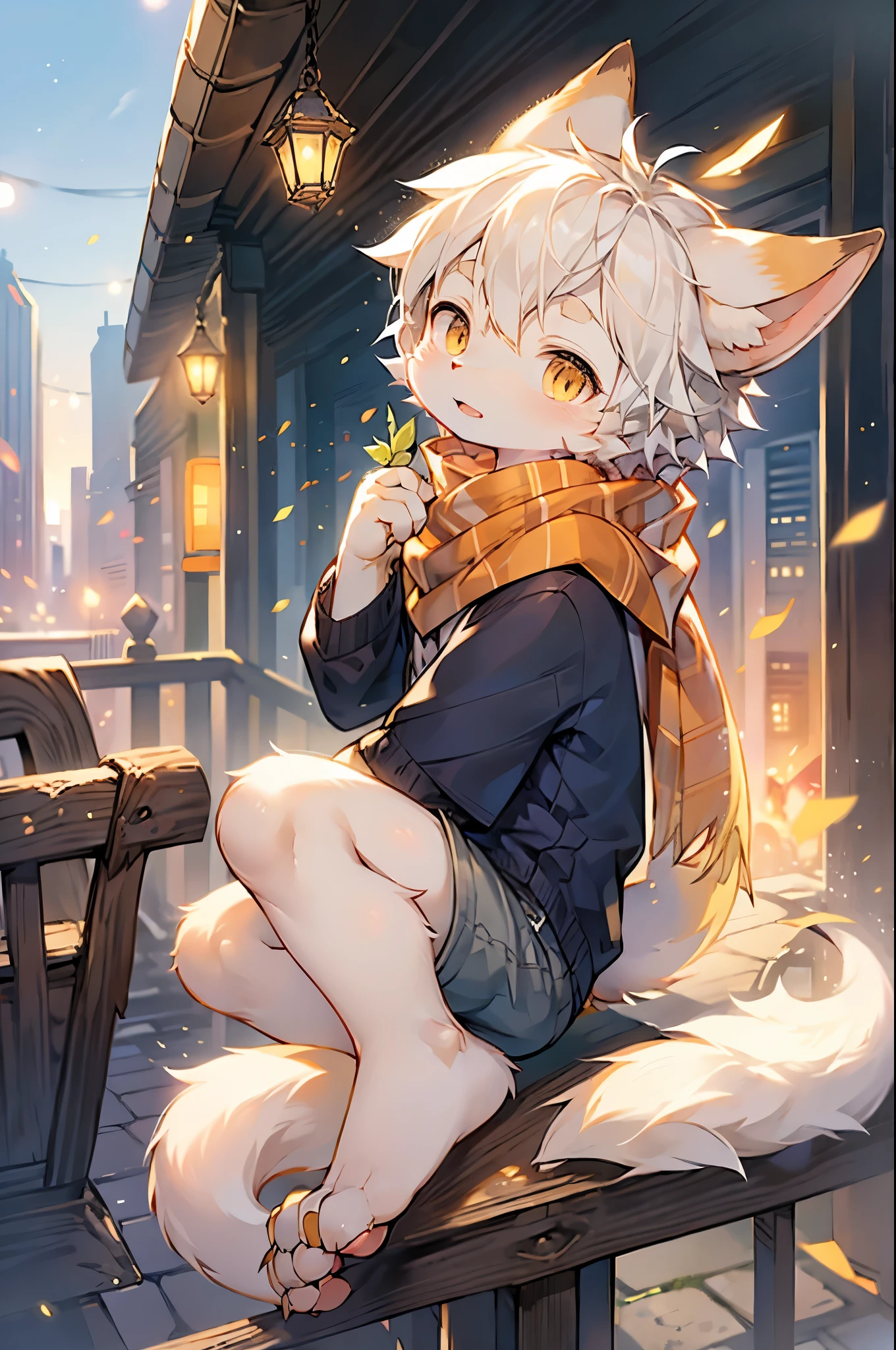 Fox Boy,Furry boys,Infant and child characteristics,White hair,Yellow skin,White Arm,scarf,Short sleeve,shorts,City bright background