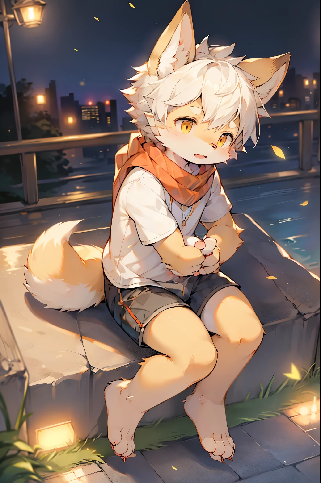 Fox Boy，Furry boys，In and chilracteristics，White hair，Yellow skin，White Arm，scarf，Short sleeve，shorts，City bright background