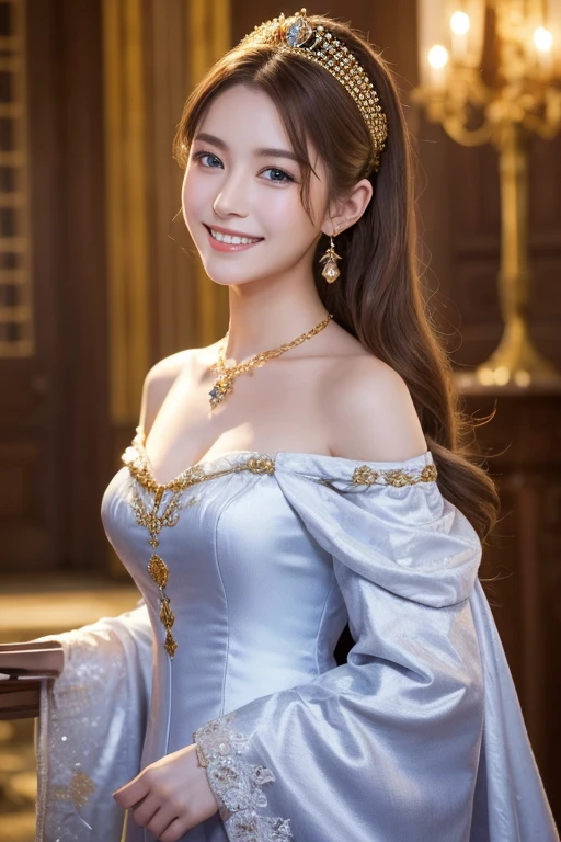 Fantasy, 19th century, Queen, woman, Delicate face, long light brown hair, blue eyes, Wearing an off-the-shoulder white royal dress, Gold pattern on fabric, Crystal Jewelry, 君主のレガリアの肩にteeth緋色のリボンが付いている, In the background a Gothic castle made of white stone, Light, teeth, High resolution
