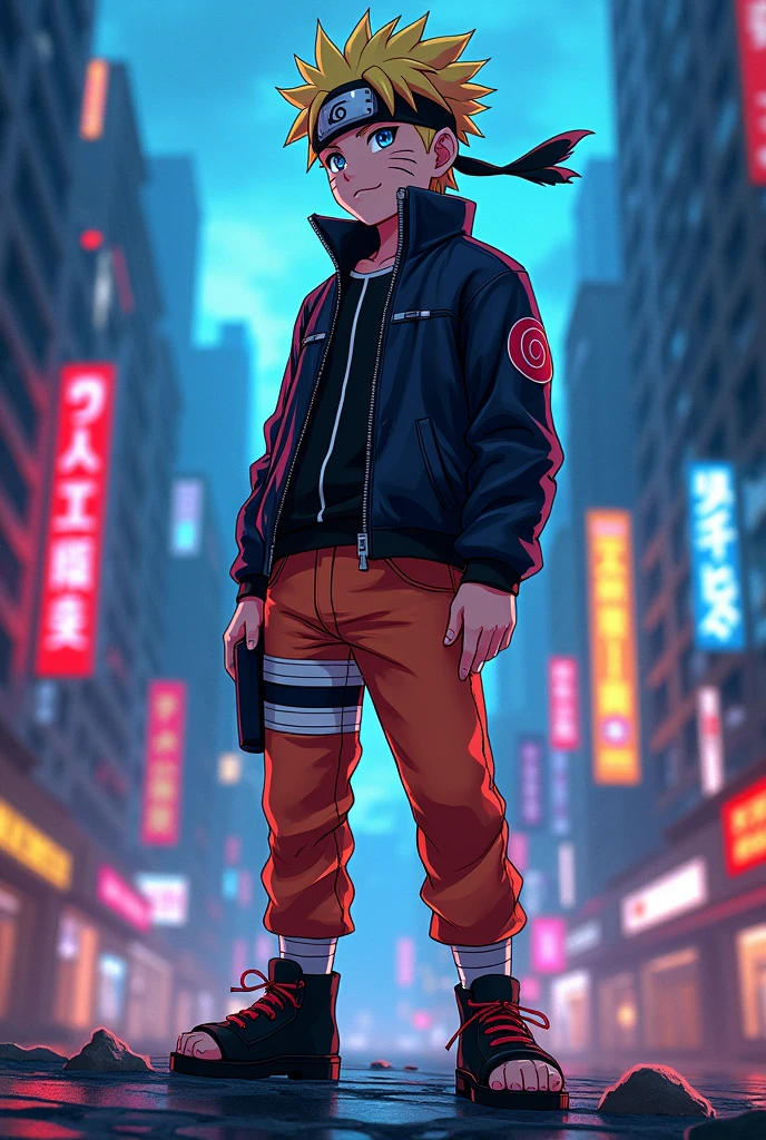 portrait, neon, 1 boy, shonen style, spiky blonde hair, scratches on cheeks on cheeks, black and red clothing, leather jacket, jeans, boots, bandana, cool, blue eyes, full body, color --name Naruto Uzumaki --night background city with futuristic buildings and holograms