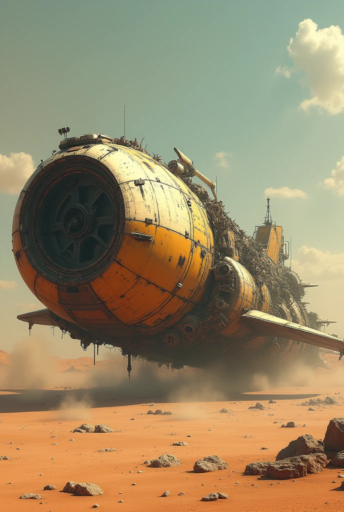 Flying fighter aircraft, Detailed crashed spaceship, Detailed spaceship, movie「Dune」Spaceship, Derelict spacecraft, Valkyrie fighter, flying scifi vehicle, レトロなSF Spaceship, Very detailed, Ancient crashed spaceship, SF Spaceship, Fallout Airplane Concept Art, 古代Spaceship、Total length 12m, 