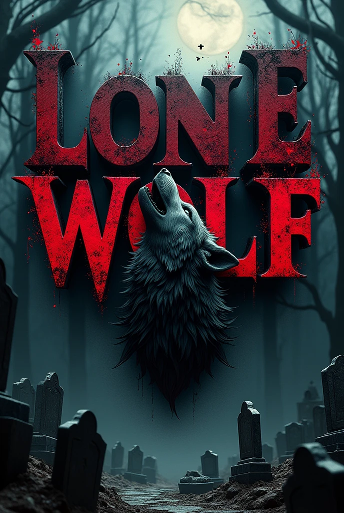 3D capital typografi font written "LoneWolf" bold,artistic,red black color with a moon and howling wolf head in the middle,and view of dark and spooky graveyard below