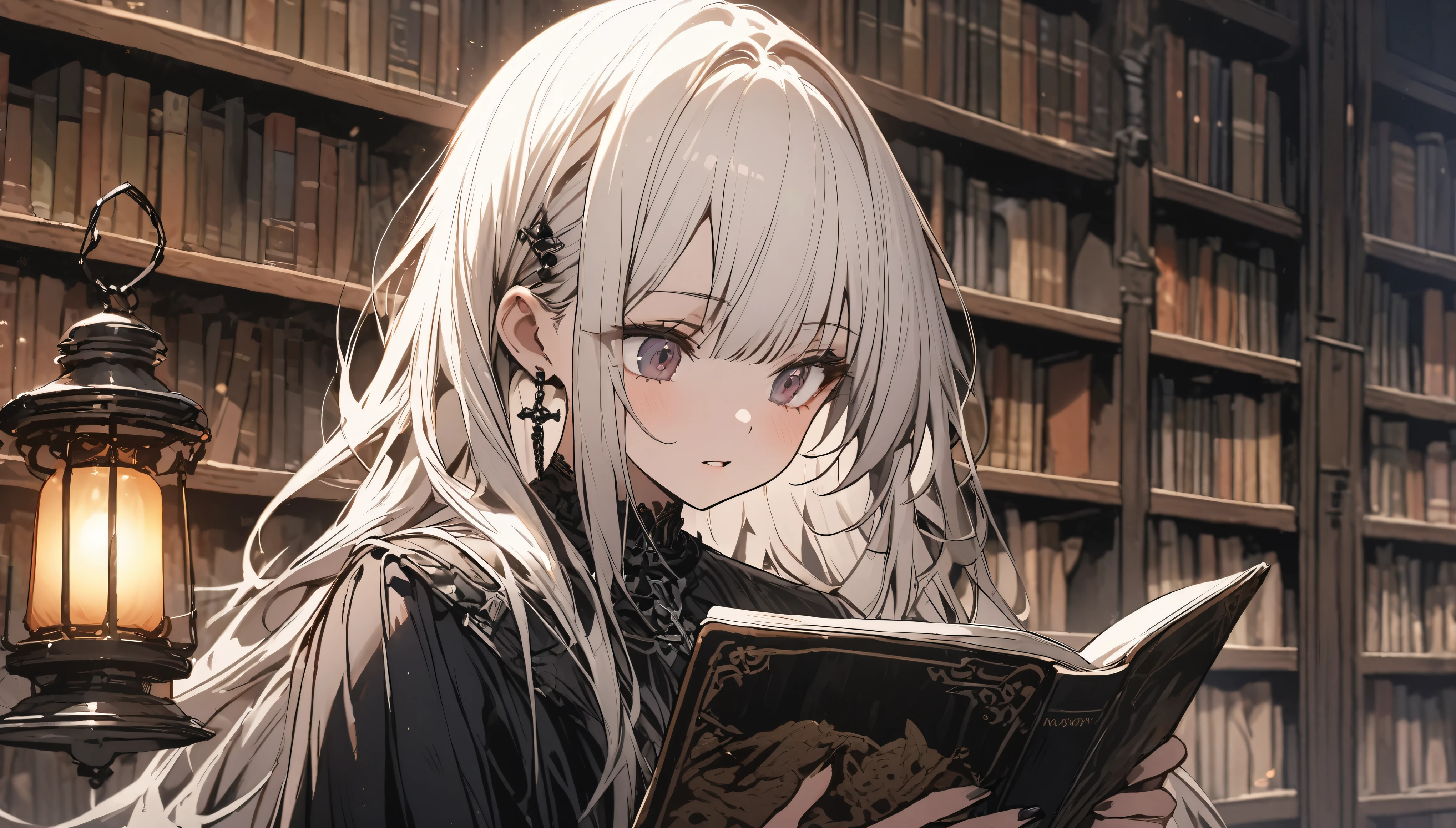 Beautiful girl with white hair，Wearing a black gothic skirt，Standing next to the bookshelf and reading a book，library，A metal lantern is placed nearby.，solo，Character Close-up，Detailed characters