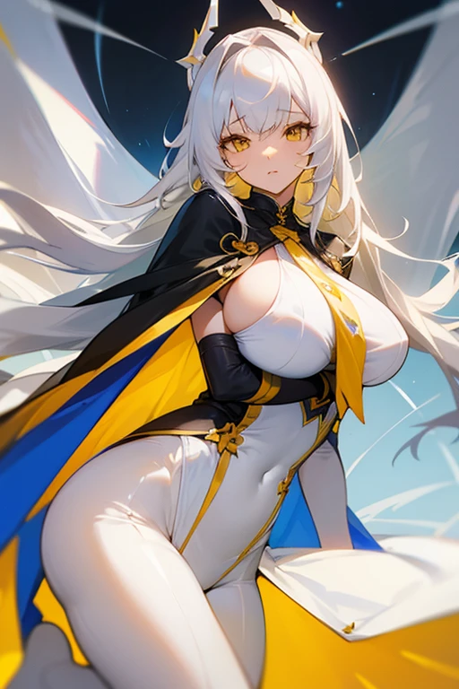 White and yellow clothes、tights、tie、Cape、White Hair、Yellow Eyes、Shortcuts、Cunning、sexy、Large breasts、beautiful girl