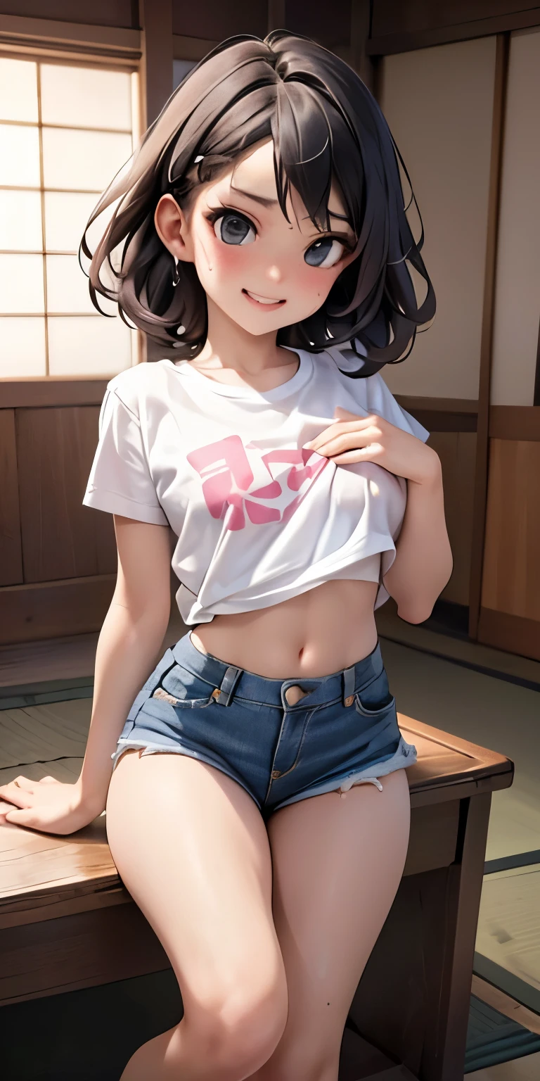 、smile、Posing with one leg raised、Mouth wide open and orgasmic face、See-through、Tatami Japanese room、White shorts(Backwards posture with emphasis on buttocks, riding position)Realistic Face、Sweaty、(8-year-old)、(((black ベリーベリー刈り上げショートhair、)))Tomboy.Emphasis on breast valley((Wearing: レモンイエロー T-shirt.Wearing denim shorts))、((Wearing a red camisole))、Sexy posing、Moisturizing pink lips