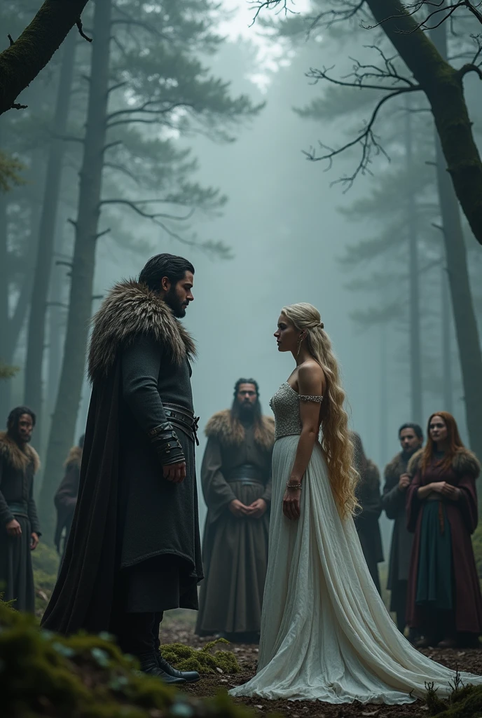 Marriage of a strong man, 30 years old, Jhon snow style and an 18 year old girl, blonde hair long, Linda.
at the forest, on a cloudy day. A priestess performing the ceremony.
ao redor, wolves and men and women watching the ceremony
