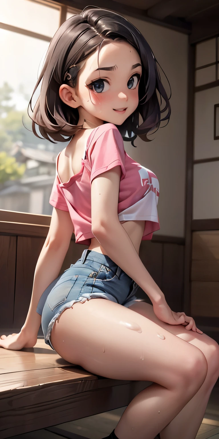 、smile、Posing with one leg raised、Mouth wide open and orgasmic face、See-through、Tatami Japanese room、White shorts(Backwards posture with emphasis on buttocks, riding position)Realistic Face、Sweaty、(8--old)(black ベリーベリー刈り上げショートhair、)))Tomboy.Emphasis on breast valley((Wearing: レモンイエロー T-shirt.Wearing denim shorts))、((Wearing a red camisole))、Sexy posing、Moisturizing pink lips