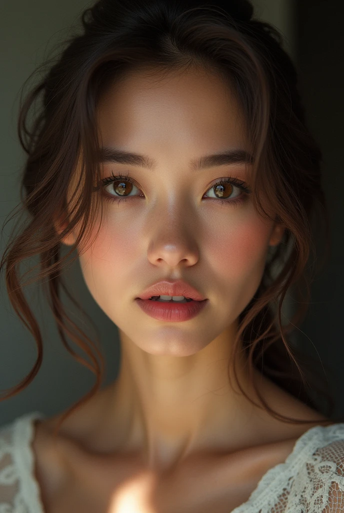 beautiful woman, with long brow hairs, lips pink detail, medium nose, brown eyes with face details