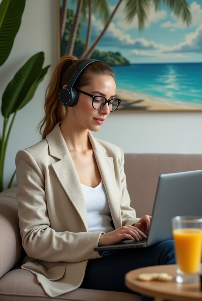 A woman sits on the sofa with a laptop. Stylish hairstyle, fashionable glasses, headset on. There is a glass of juice and a box of cookies on the table nearby. In the background on the wall is a painting depicting a beach with palm trees and the sea