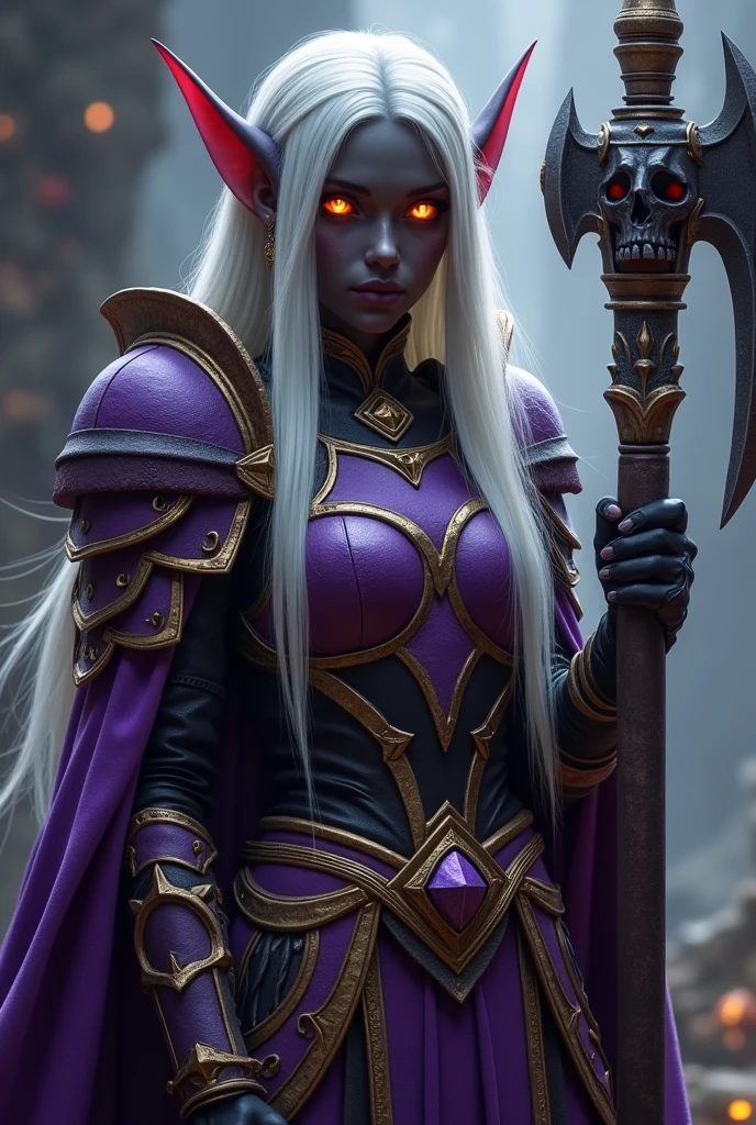 World of Warcraft Game Theme Image of a 32 year old white haired elf standing holding her favorite Battle Axe,dark black ebony Skin,blood elf Paladin Wow, Long elf ears, glowing Golden eyes, Dark Purple and Gold Armor, Dark Purple Pauldrons, Purple skull Pauldron, Gold and Purple Chestpiece, gauntlets, Dark Golden tabard,  dramatic tones. A masterpiece with the highest resolution. , Surrealist image type