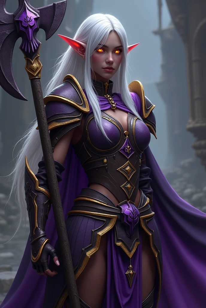 World of Warcraft Game Theme Image of a 32 year old white haired elf standing holding her favorite Battle Axe,dark black ebony Skin,blood elf Paladin Wow, Long elf ears, glowing Golden eyes, Dark Purple and Gold Armor, Dark Purple Pauldrons, Purple skull Pauldron, Gold and Purple Chestpiece, gauntlets, Dark Golden tabard, dramatic tones. A masterpiece with the highest resolution. , Surrealist image type