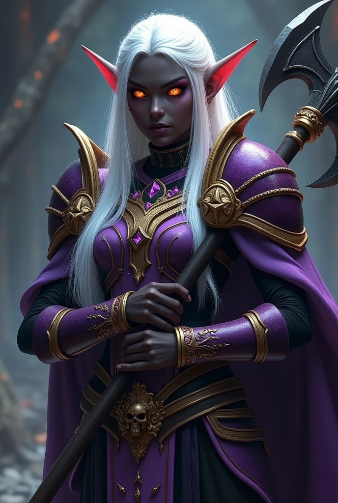 World of Warcraft Game Theme Image of a 32 year old white haired elf standing holding her favorite Battle Axe,dark black ebony Skin,blood elf Paladin Wow, Long elf ears, glowing Golden eyes, Dark Purple and Gold Armor, Dark Purple Pauldrons, Purple skull Pauldron, Gold and Purple Chestpiece, gauntlets, Dark Golden tabard,  dramatic tones. A masterpiece with the highest resolution. , Surrealist image type